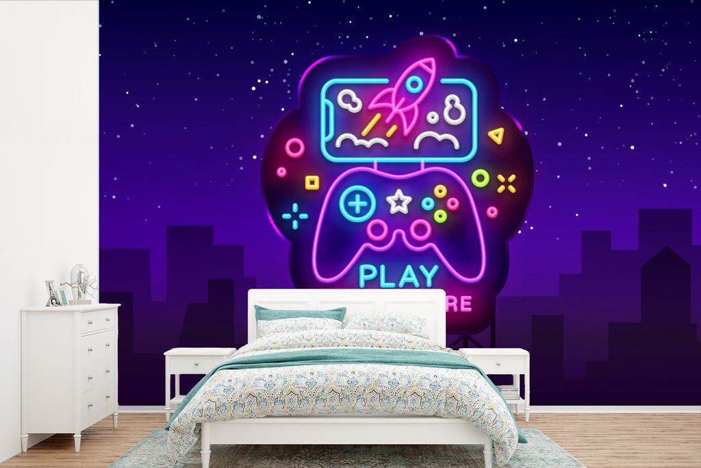 MuchoWow Fototapete für Wohnzimmer oder Schlafzimmer Wandtapete Vinyl Motivtapete Gaming - Neon - Spielen - Blau - Nacht - Controller - 420x280 ...
