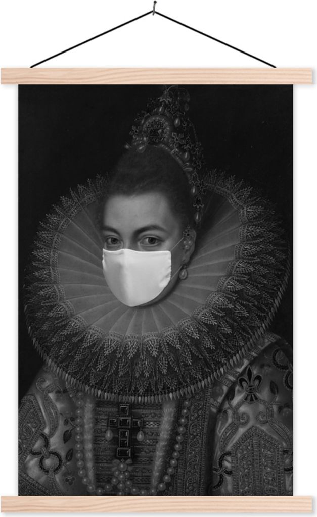 MuchoWow Textilposter Isabella Clara Eugenia mit einem Mundschutz - Gemälde von Frans Pourbus dem Jüngeren - schwarz-weiß 40x60 cm mit holzfar...