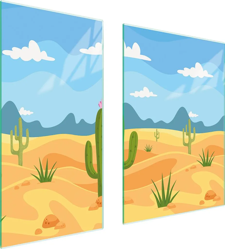 Set 2 Copri Fornelli Vetro 75x52 - Tagliere Universale Montagne Cactus