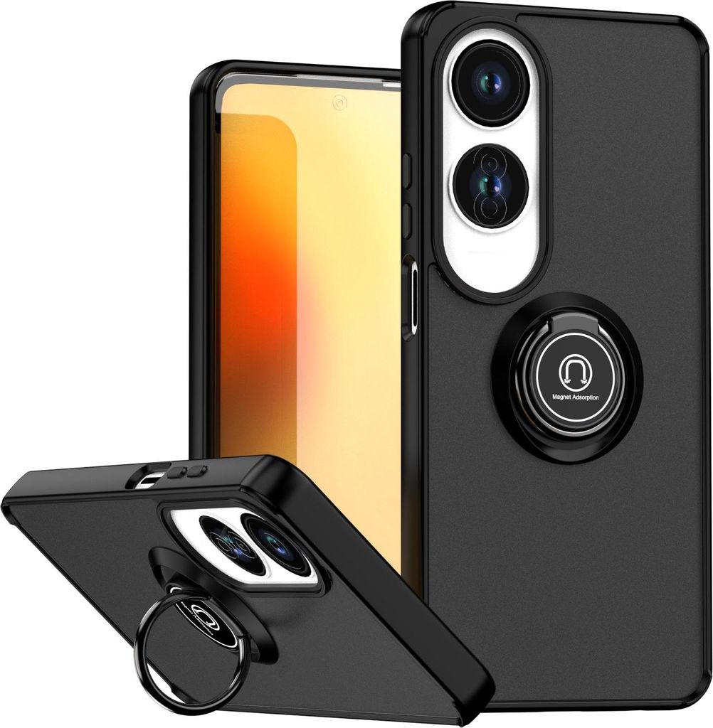 Hülle für Oppo A60 Matte Transluzent TPU Stoßfest Schutzhülle mit Ring Halter Ständer Schwarz
