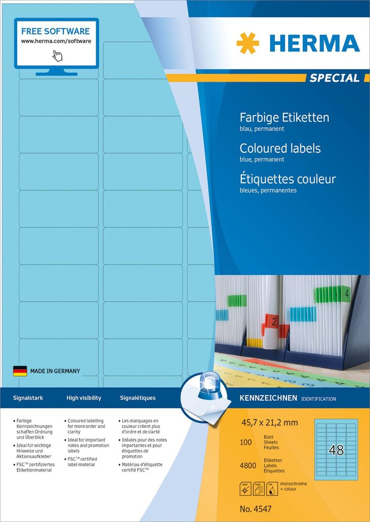 HERMA 4547, Blau, Rechteck, A4, Universal, Matte, Laser/Inkjet
