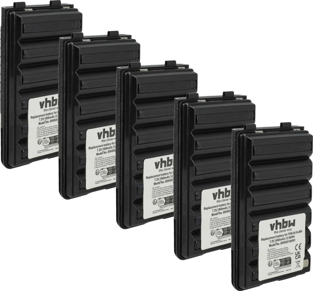 vhbw 5x Akku kompatibel mit Yaesu Vertex VXA-210 Aviator Pilot, VXA-220 Pro VI, VXA-210 Lite Funkgerät, Walkie Talkie (1800 mAh, 7,2 V, NiMH)