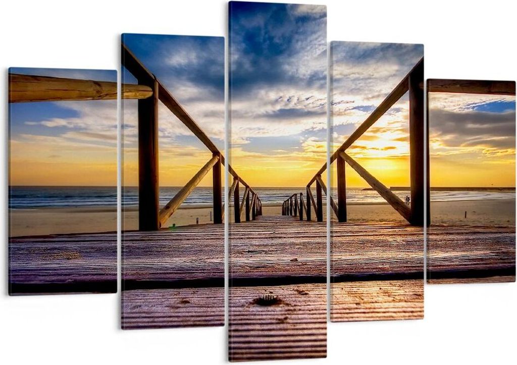 Bild auf Leinwand - Leinwandbild - Strand Ozean Sand Holzbrücke Sonnenuntergang - 150x100cm - Wand Bild - Wanddeko - Leinwanddruck - Bilder - Kuns...
