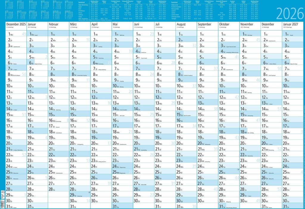 Zettler Jahresplaner 14 Monate foliert mit blauen Hintergrund 2026 - Wandkalender groß 86 × 60 cm, abwischbar, Monatsübersichten Dez. 2025-Jan. ...