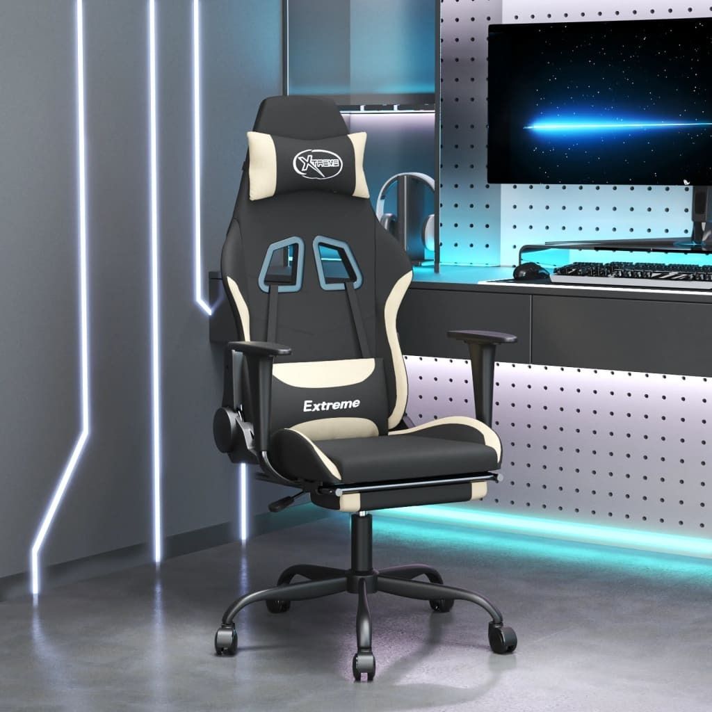 2024 Moderne Bürostühle Gaming-Stuhl mit Fußstütze Schwarz und Creme Stoff 381788