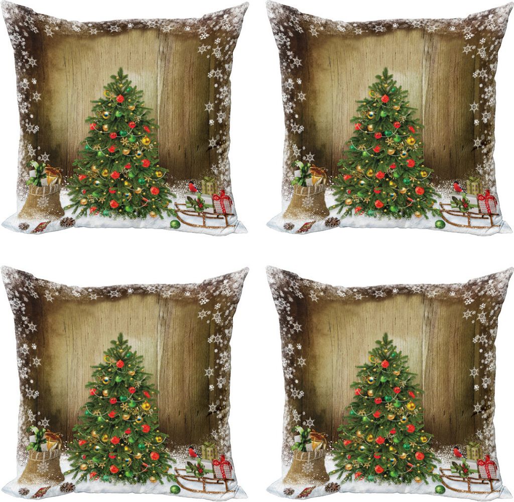 ABAKUHAUS Weihnachten Kissenbezug Set (4 Stück), Pine Tree Presents, Moderner Doppelseitiger Digitaldruck, 60 cm x 60 cm, Mehrfarbig