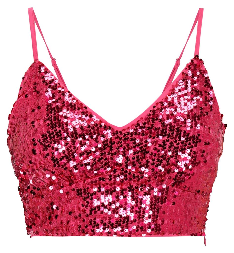 Rosa Damen Top mit Pailletten und Mesh, V-Ausschnitt, verstellbare Träger, kurzer Schnitt, Größe S