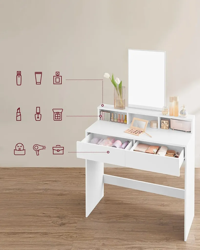 Coiffeuse avec Miroir Rectangulaire et 2 Tiroirs de Rangement, Design