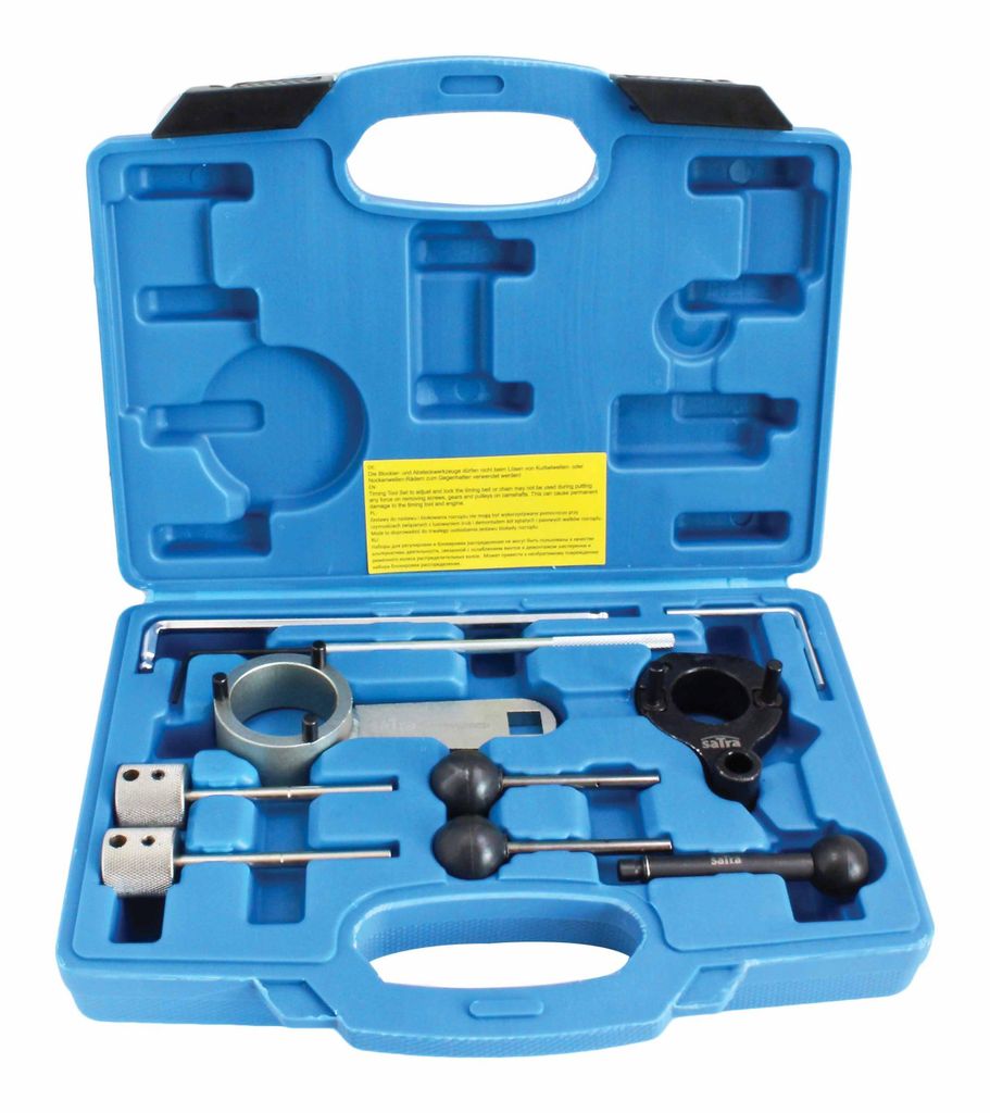 A blue plastic case containing a set of automotive engine timing tools.