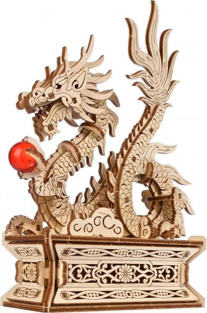 A wooden 3D model of a dragon on a decorative base.