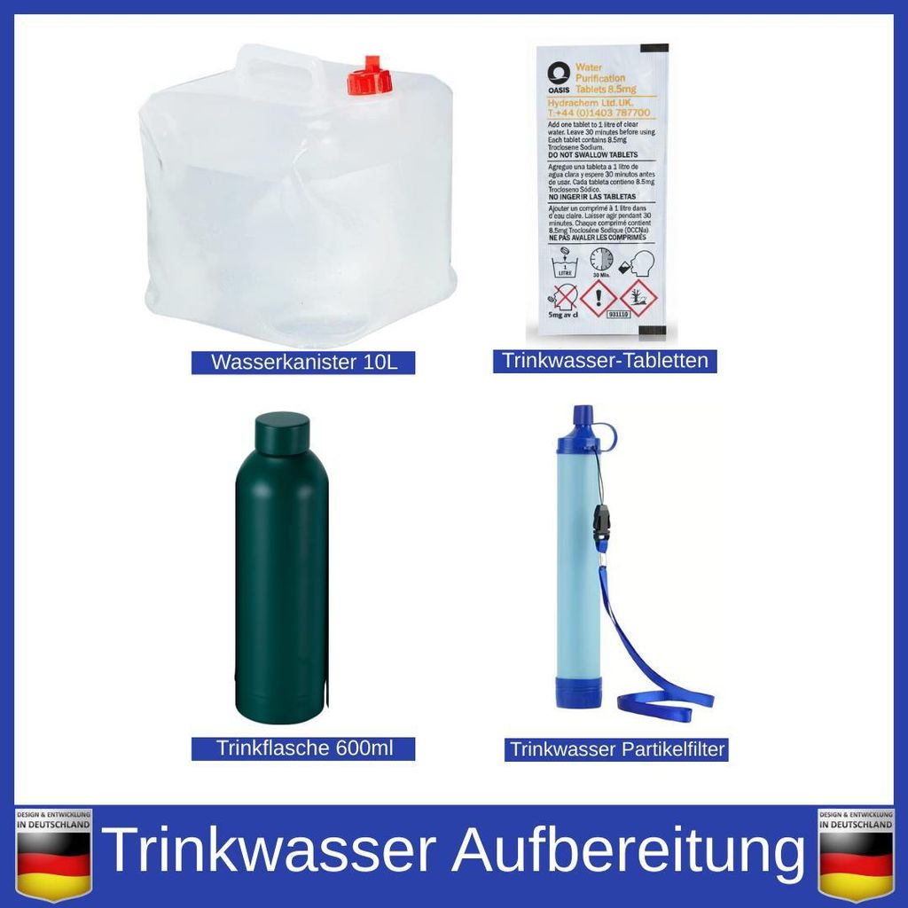 BLACKOUTPro Trinkwasseraufbereitung 4er set Notfall Ausrüstung Tabletten Survival Kit Rucksack Set Komplettset Wasseraufbereitung Trinkwasser