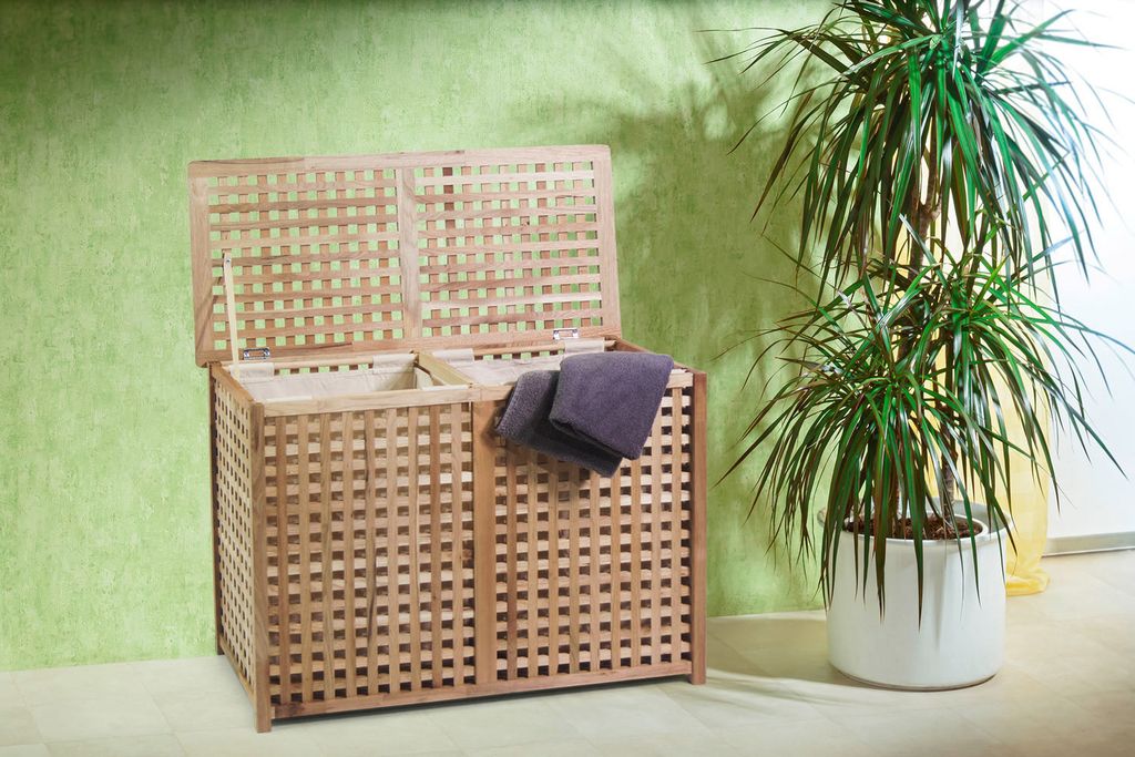 Wäschebox 2-Fach, Wäschetruhe, Wäschesammler mit Deckel, Gitterdesign, Walnussholz
