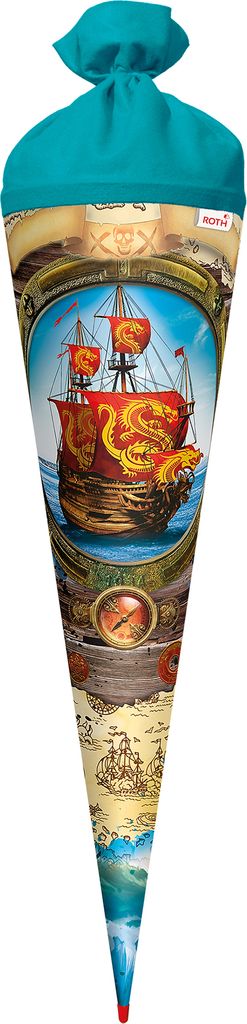 ROTH Schultüte groß Piratenschiff 70 cm rund Rot(h)-Spitze Filzverschluss Zuckertüte Schulanfang