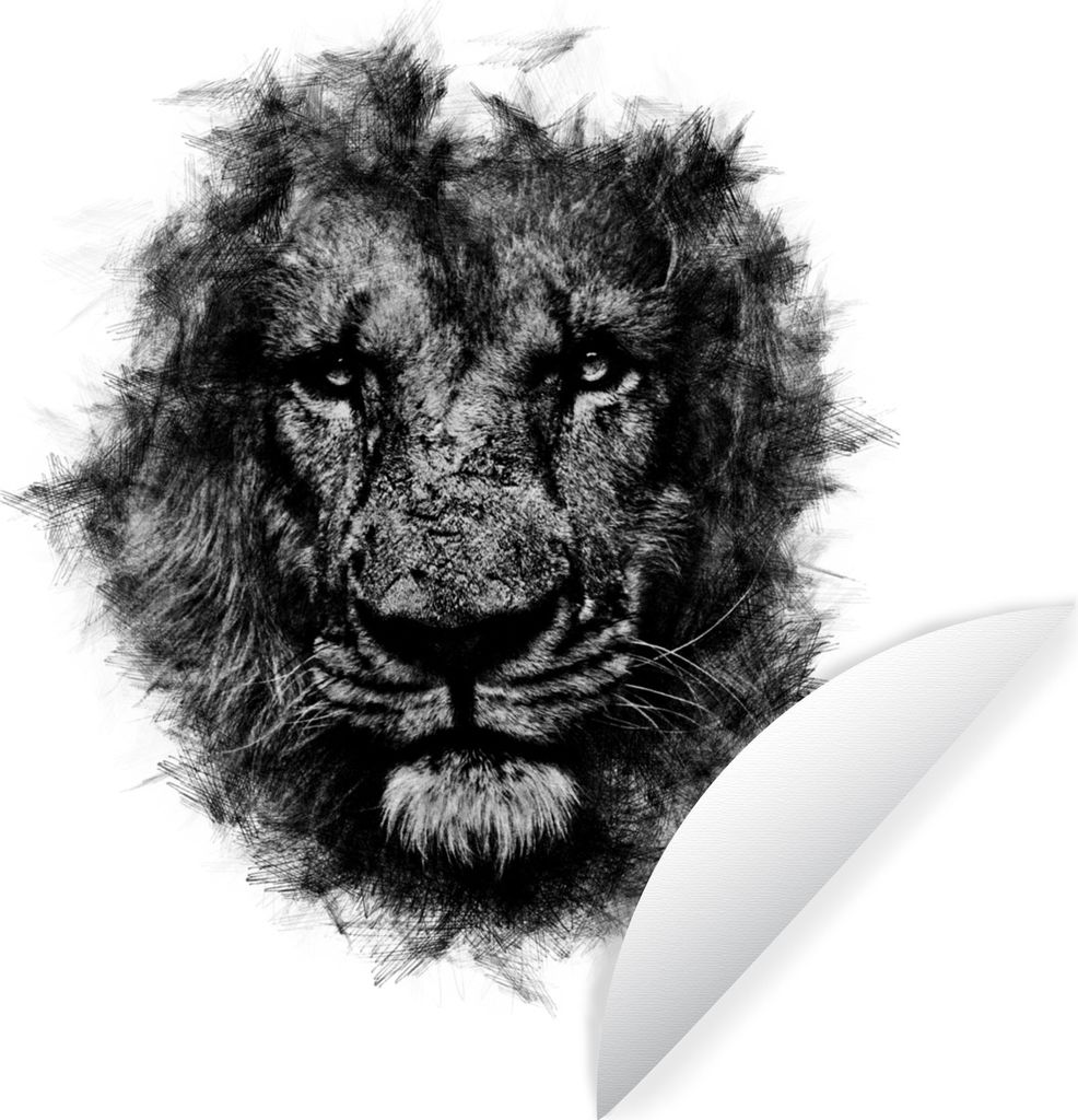 MuchoWow Runde Wandtattoo - Wandsticker Tapete Aufkleber Löwe - Schwarz - Weiß Ø 30 cm Selbstklebend und Repositionierbar - Wandaufkleber - Kr...