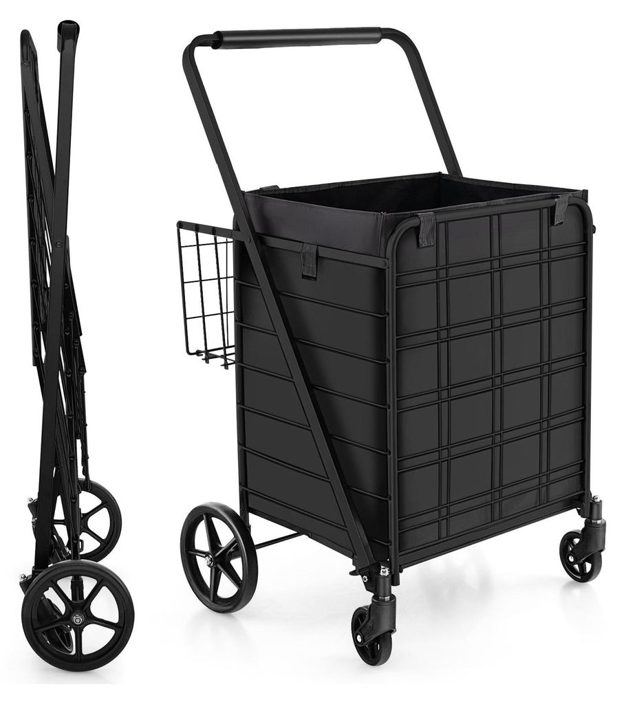 A black shopping trolley is shown from two angles: folded and unfolded.