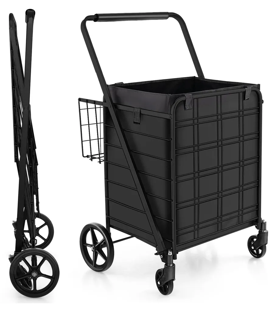 Chariot de transport pliable 150kg avec 2 paniers et roulettes 360°