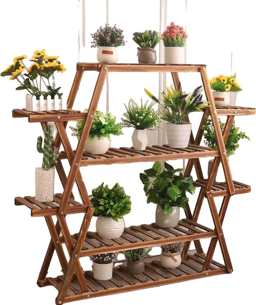 Étagère porte-plante design en pin massif doré avec 8 plateaux bois