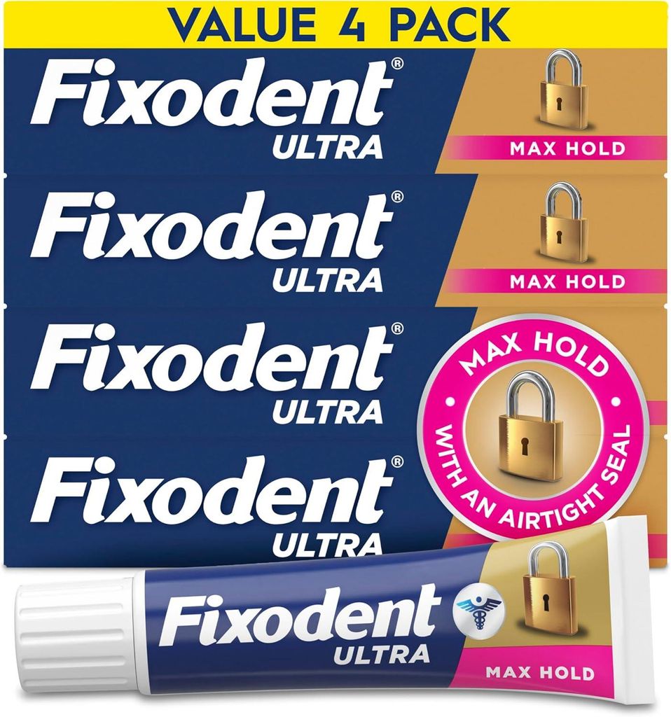 Fixodent Ultra Max Hold Secure Prothesen-Klebecreme für volle und teilweise Zahnprothesenträger, 62,4 g (4 Stück)