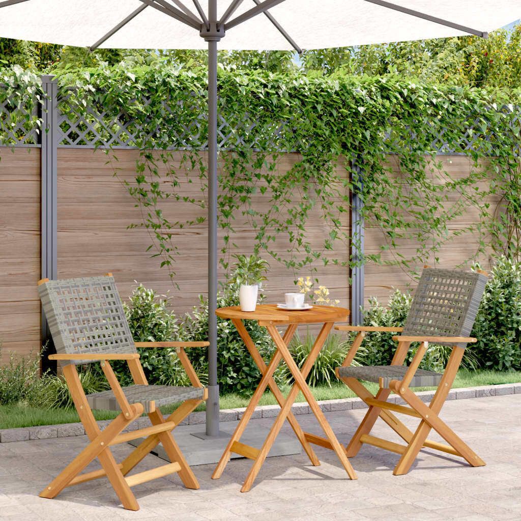 "2026 Promotion" 3-tlg. Bistro-Set - mit Tisch und Stühlen - Grau Poly Rattan und Massivholz - Gartenmöbelset CC14040