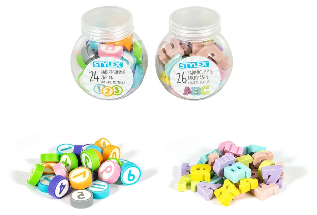 60x Radiergummi / mit Buchstaben, Zahlen und Rechenzeichen