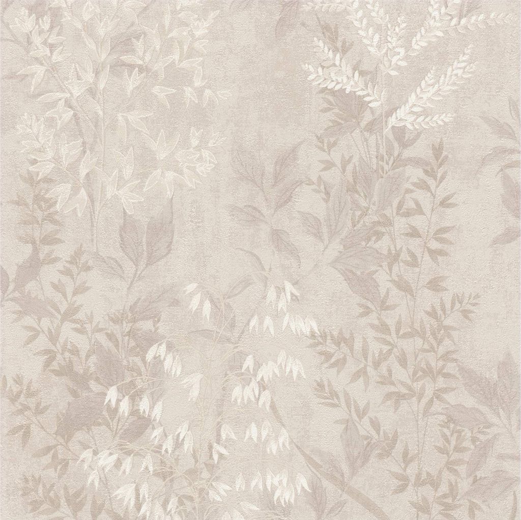 A close-up of a botanical pattern wallpaper with leaves and flowers in shades of beige and cream.