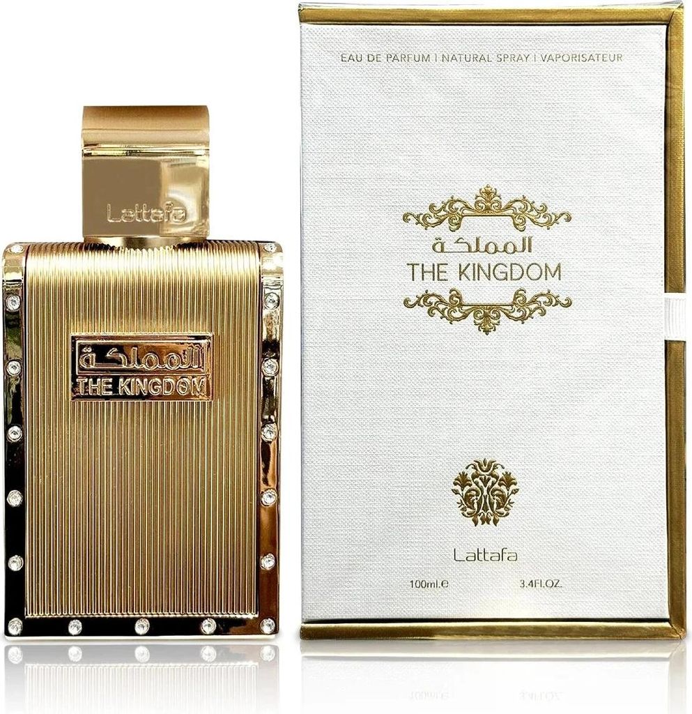A perfume bottle and its packaging are displayed against a white background.