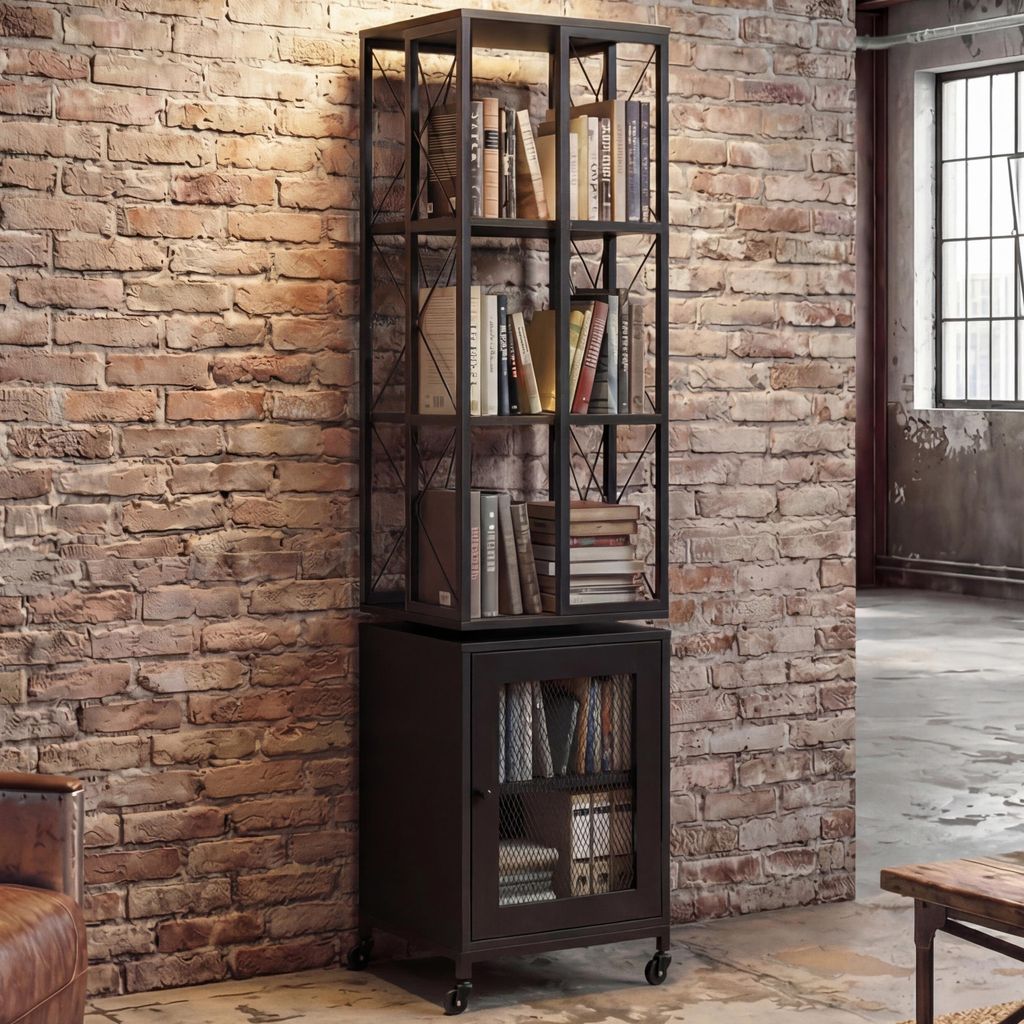 Bücherregal HWC-P13, Standregal Drehregal, Rollen drehbar Tür, Metall Industrial Melamin MVG 162x40x42cm schwarz