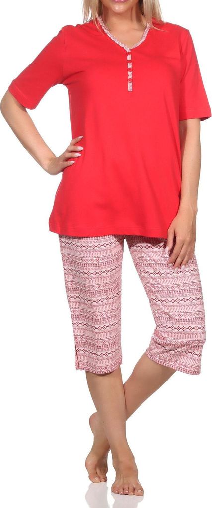 Normann Damen kurzarm Capri Schlafanzug Pyjama im Ethnolook - auch in Übergrössen ; pink , 56