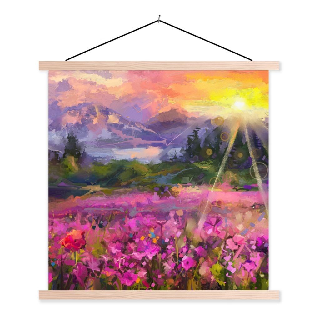 MuchoWow Textilposter Gemälde - Ölfarbe - Blumen - Natur - Sonne 60x60 cm mit holzfarbenen Rahmen - Wanddekoration