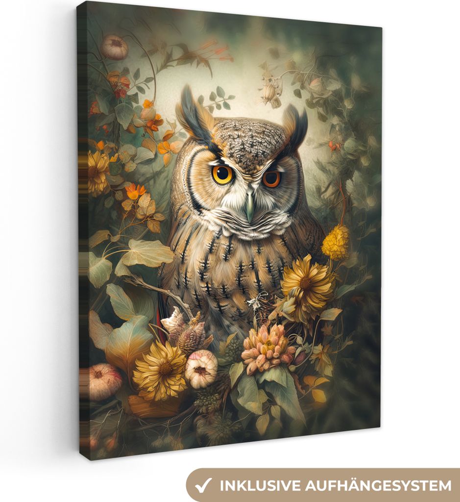 MuchoWow® - Leinwandbilder - Eule - Vögel - Blumen - Natur, Produktbild 