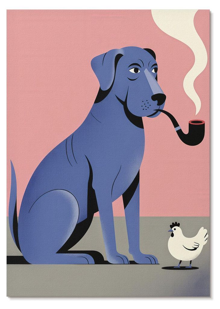 POSTER - 42x59 cm (A2) - Lena Lasso - Blauer Hund mit Pfeifenhuhn, rosa Hintergrund - Wandbild für Wohnzimmer Schlafzimmer & Flur, Modernes Poster...