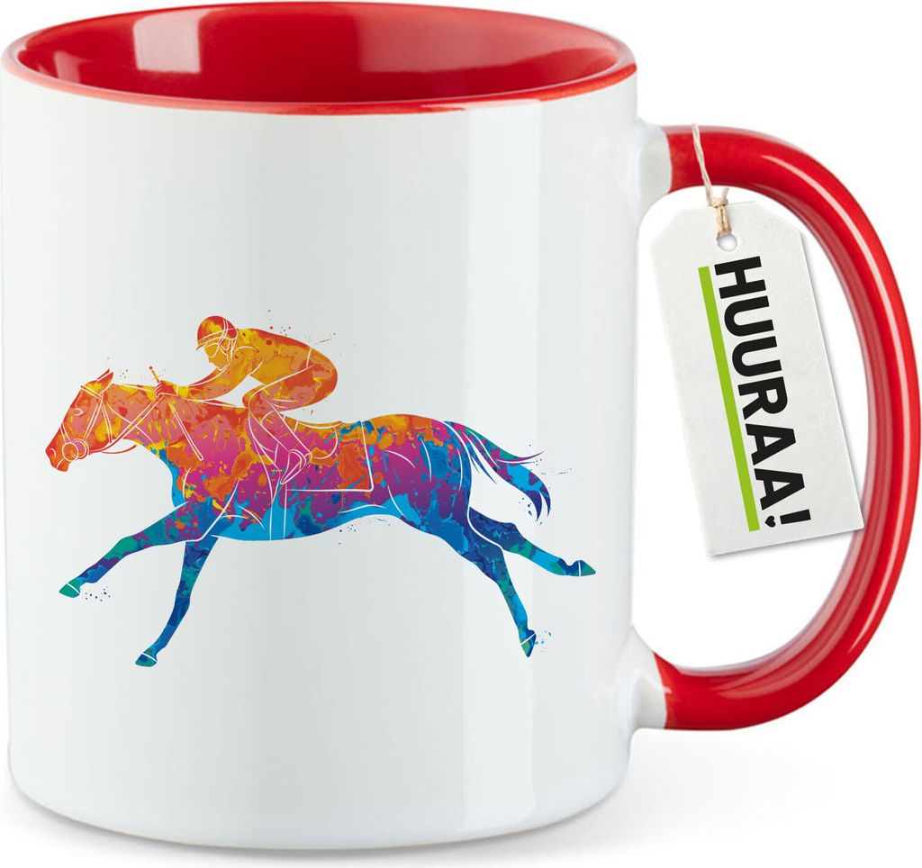 Huuraa Kaffeetasse Pferderennen Jockey bunte Silhouette 330ml Rot Keramik Kaffeebecher Geschenkidee