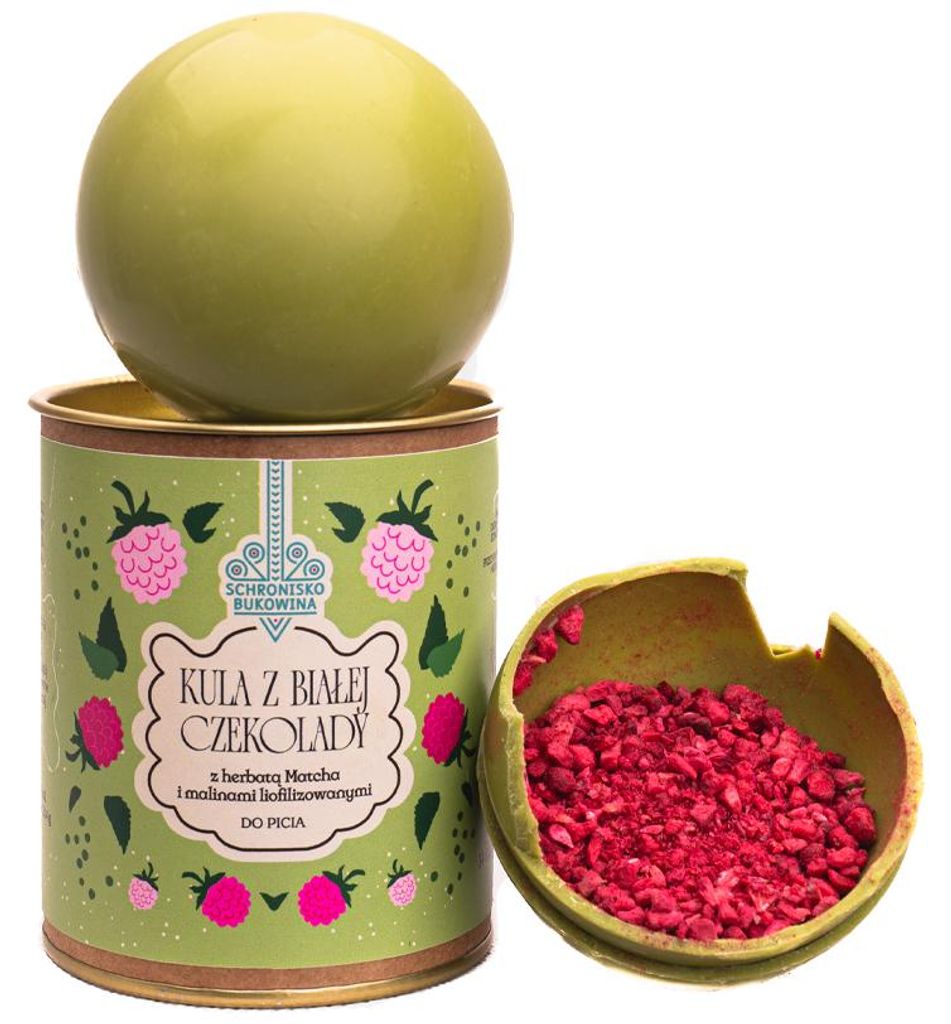 Weiße Schokoladenkugel mit Matcha-Tee und gefriergetrockneten Himbeeren 45g - Shelter Bukovina