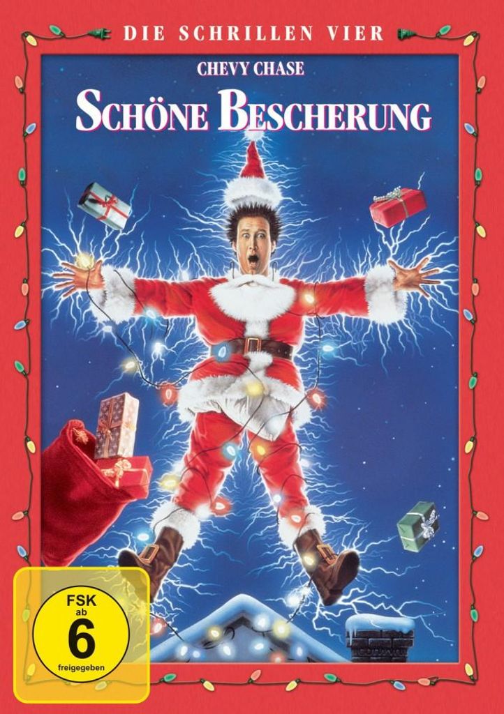A man dressed as Santa Claus is surrounded by electrical sparks and Christmas lights, with gifts scattered around him.