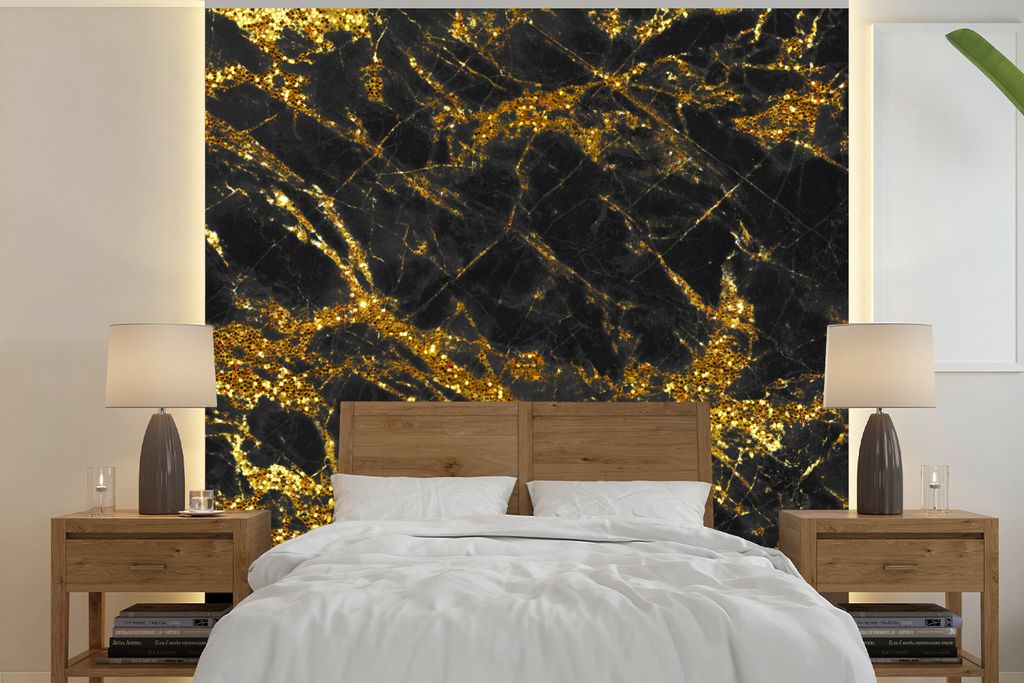 MuchoWow Fototapete für Wohnzimmer oder Schlafzimmer Wandtapete Vinyl Motivtapete Marmor - Gold - Schwarz - Chic - 220x220 cm - Tapeten