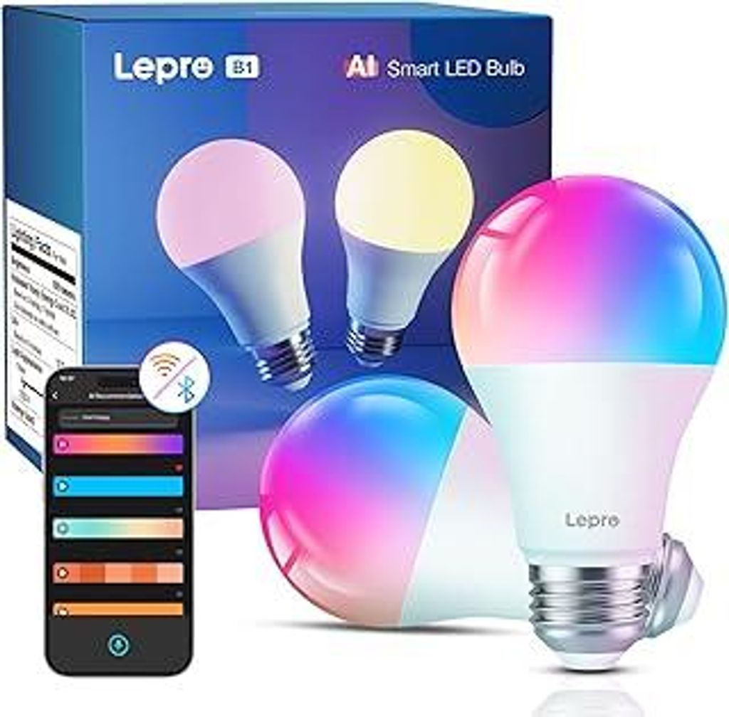Lepro AI Smart Glühbirne B1, E27 Lampe 8.5W 806lm Dimmbar, Personalisierter KI-Lichtdesigner, Sprachsteuerung/Musik Sync, WiFi & Bluetooth Smart B...