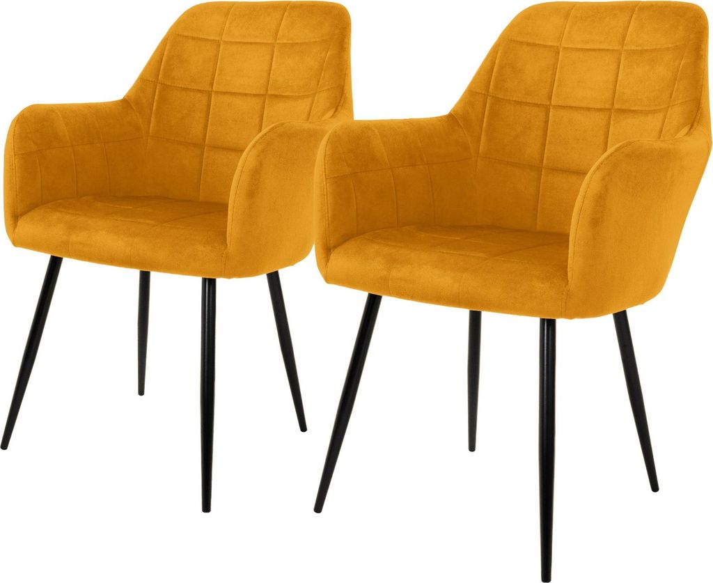 Two mustard yellow accent chairs with black metal legs, presented against a white background.