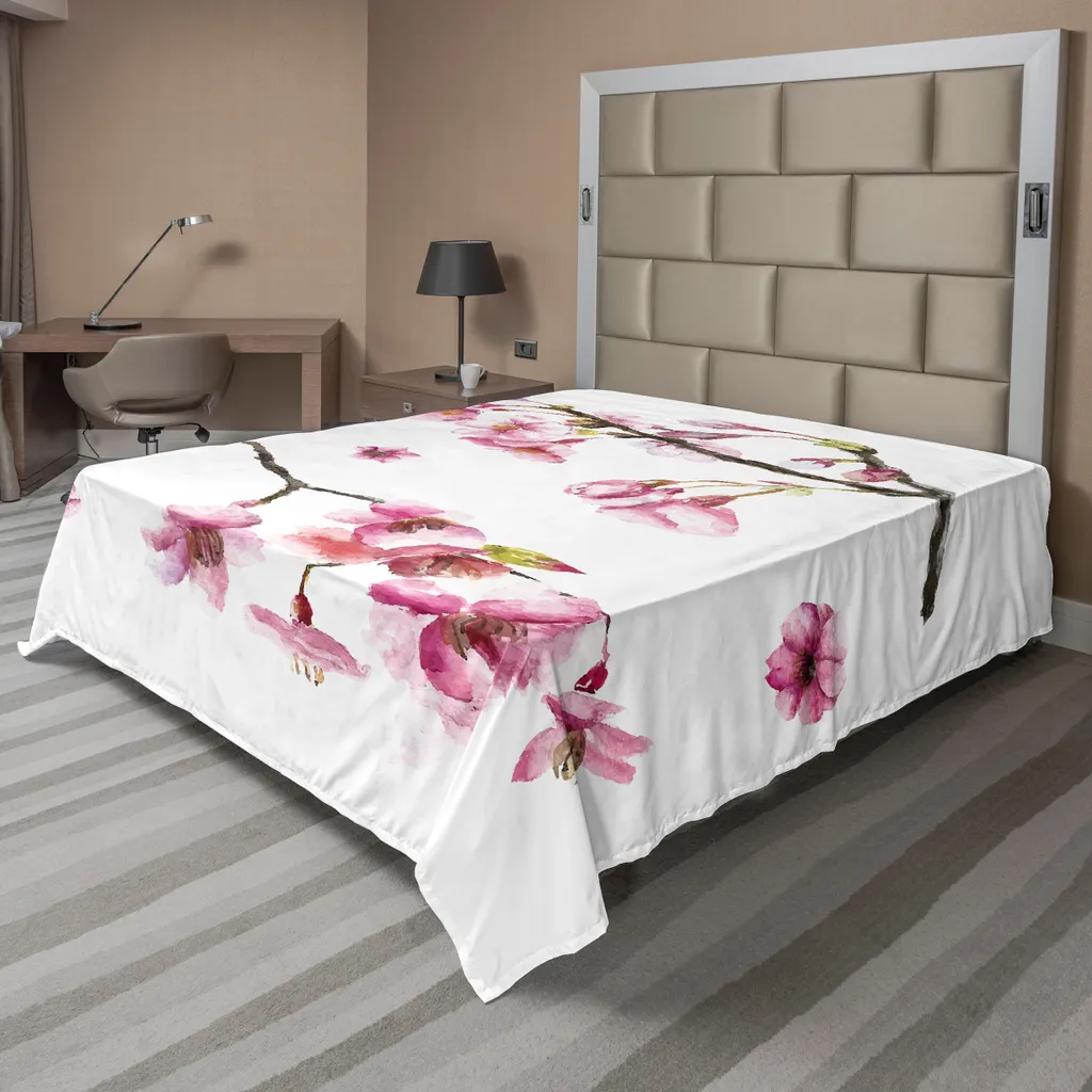 ABAKUHAUS Lenzuolo con fiori, fiori di ciliegio, rami di alberi da frutto in fiore, illustrazione artistica disegnata a mano, lenzuolo morbido e confortevole per un letto decorativo, 1 pezzo, 275 cm x 260 cm, verde rosa