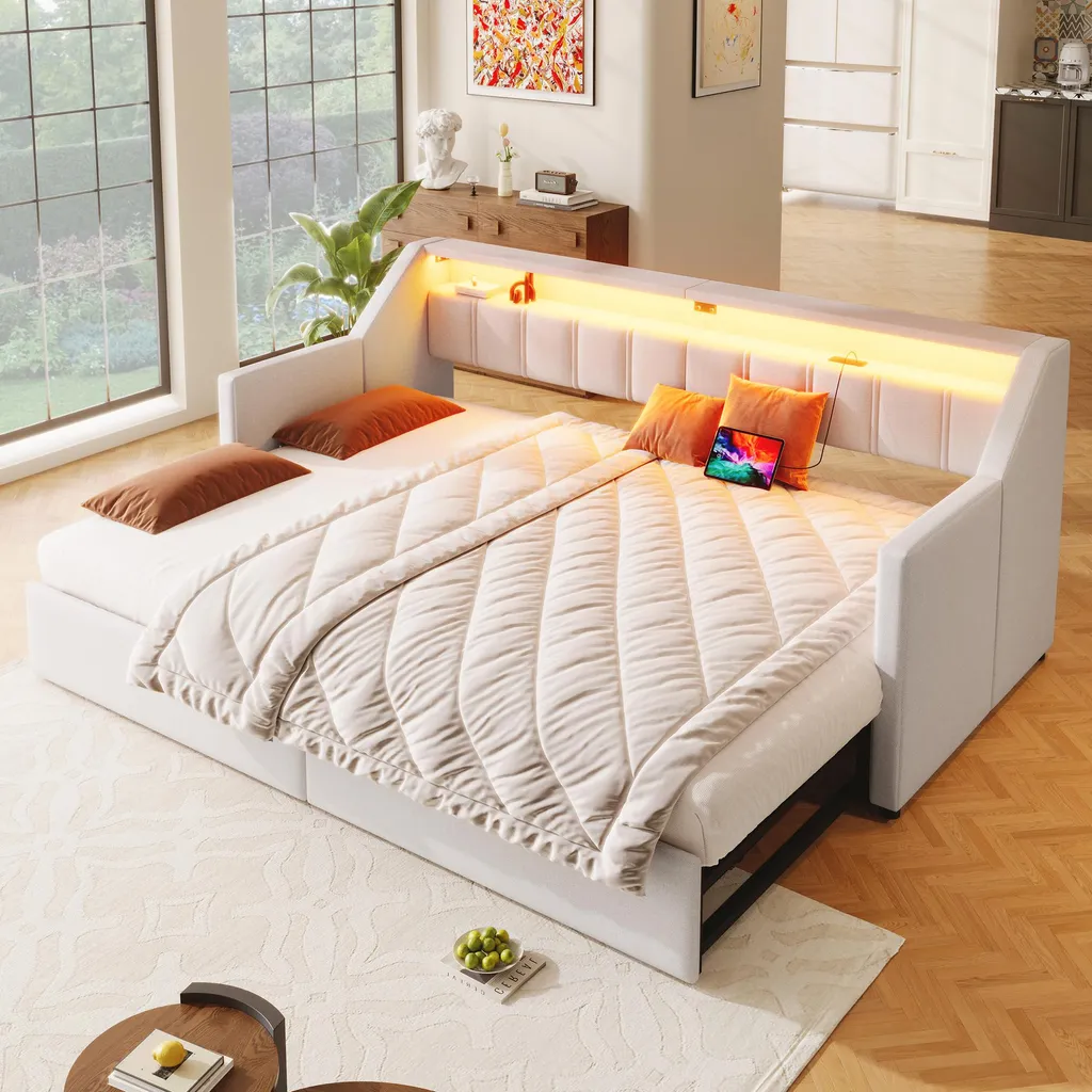 Lit d'appoint modulable 90x200 vers 180x200 avec LED et chargeur USB