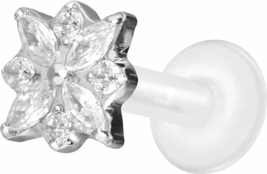 Ohrpiercing, Nasenpiercing PTFE Labret mit Innengewinde + Titan-Aufsatz KRISTALLBLUME Silber Stablänge: 6mm | Stabstärke: 1,6mm