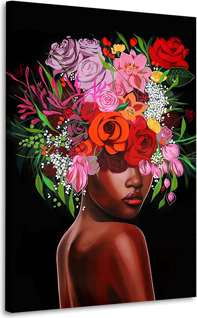 afrikanische Frau Flower Bouquet Leinwandbild Wandbild Kunst XL Deko: 100x150x4cm