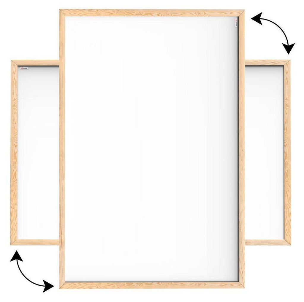 A whiteboard with a wooden frame is shown, with two smaller whiteboards positioned on either side, suggesting a modular or expandable system. Arrows indicate potential movement or adjustment.