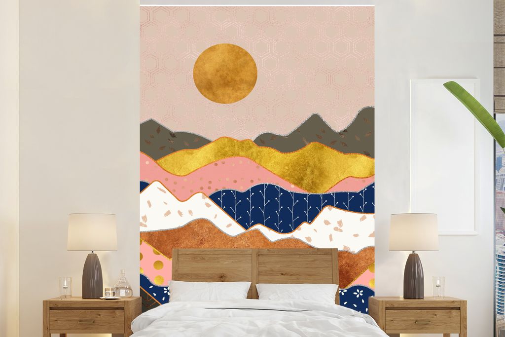 MuchoWow Fototapete für Wohnzimmer oder Schlafzimmer Wandtapete Vinyl Motivtapete Gold - Pastell - Muster - 145x220 cm - Wanddekoration