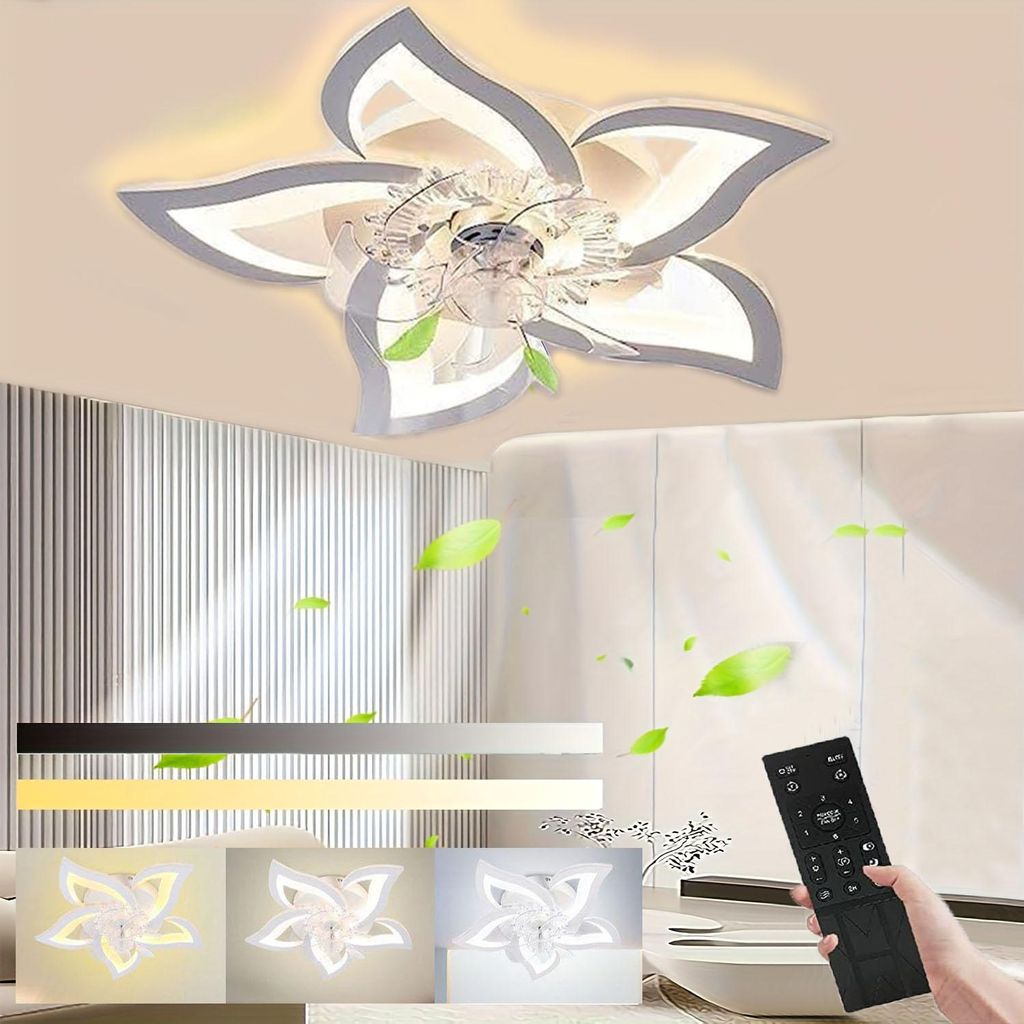 60W LED Deckenleuchte mit Ventilator, Leise Deckenventilator mit Beleuchtung, Dimmbar mit Fernbedienung , Timer, Blume Design, für Wohnzimmer
