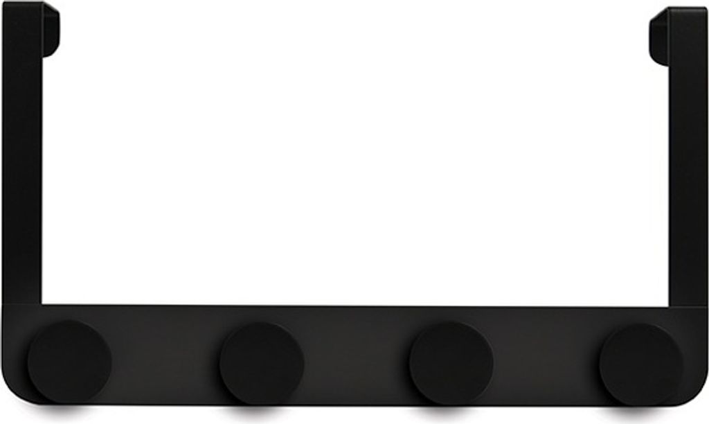 A black over-the-door hook with four circular hooks.