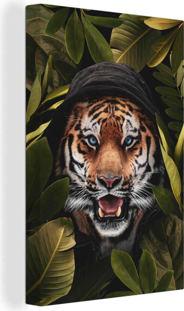 OneMillionCanvasses - Leinwandbilder - 90x140 cm, Tiger - Blätter - Pflanzen, Wandbilder Kunstdruck Wanddekoration - Wandschmucke - Schlafzimmer