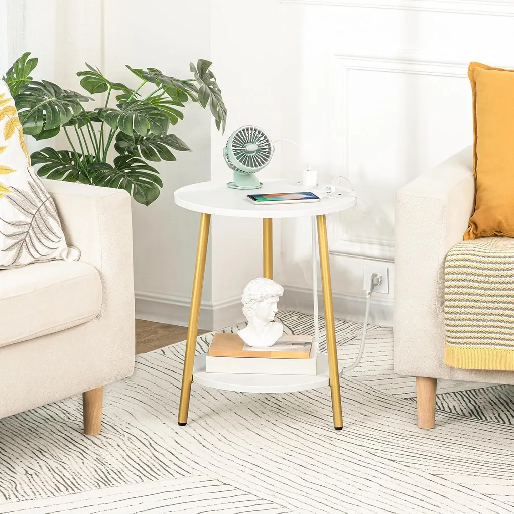 Table d'appoint ronde 2 niveaux avec prises USB intégrées style moderne - 5