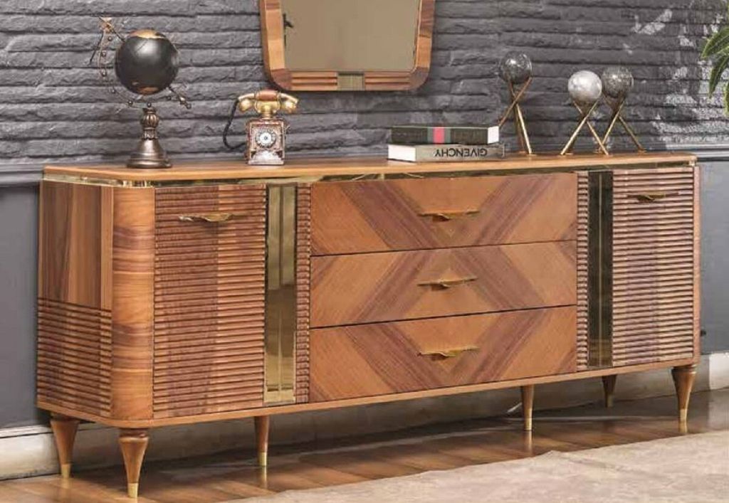 Casa Padrino Luxus Art Deco Sideboard Braun / Gold 200 x 42 x H. 72 cm - Edler Massivholz Schrank mit 2 Türen und 3 Schubladen - Art Deco Möbel -...