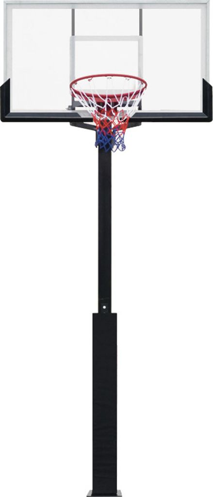 A basketball hoop and backboard on a stand.