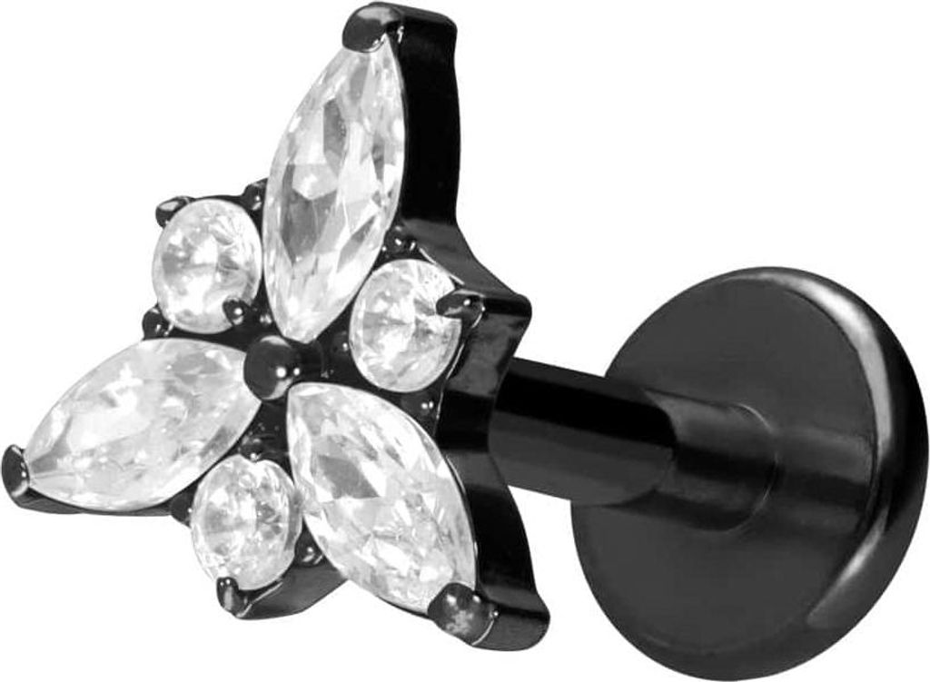 Ohrpiercing, Nasenpiercing Titan Labret mit Innengewinde KRISTALLBLÜTE Schwarz Stablänge: 8mm | Stabstärke: 1,6mm